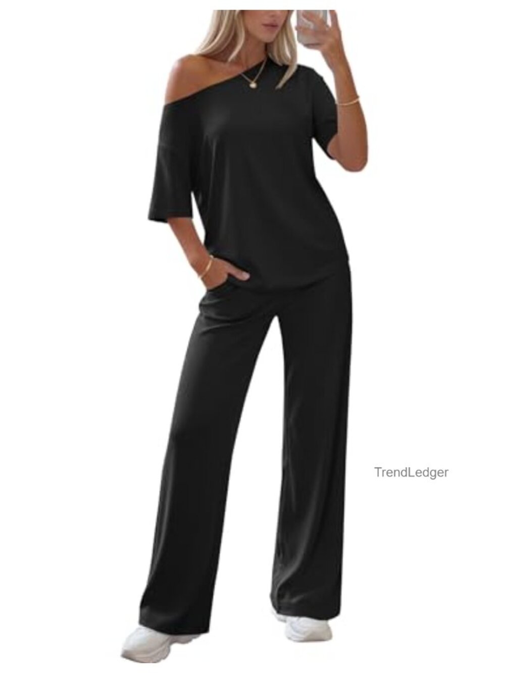 Cozy Off Shoulder Lounge Set with Wide Leg Pants, 2 Piece